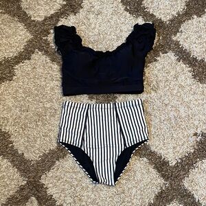 Black Ruffle Sleeve Bikini Top with High-Waist Black & White Striped Bottoms